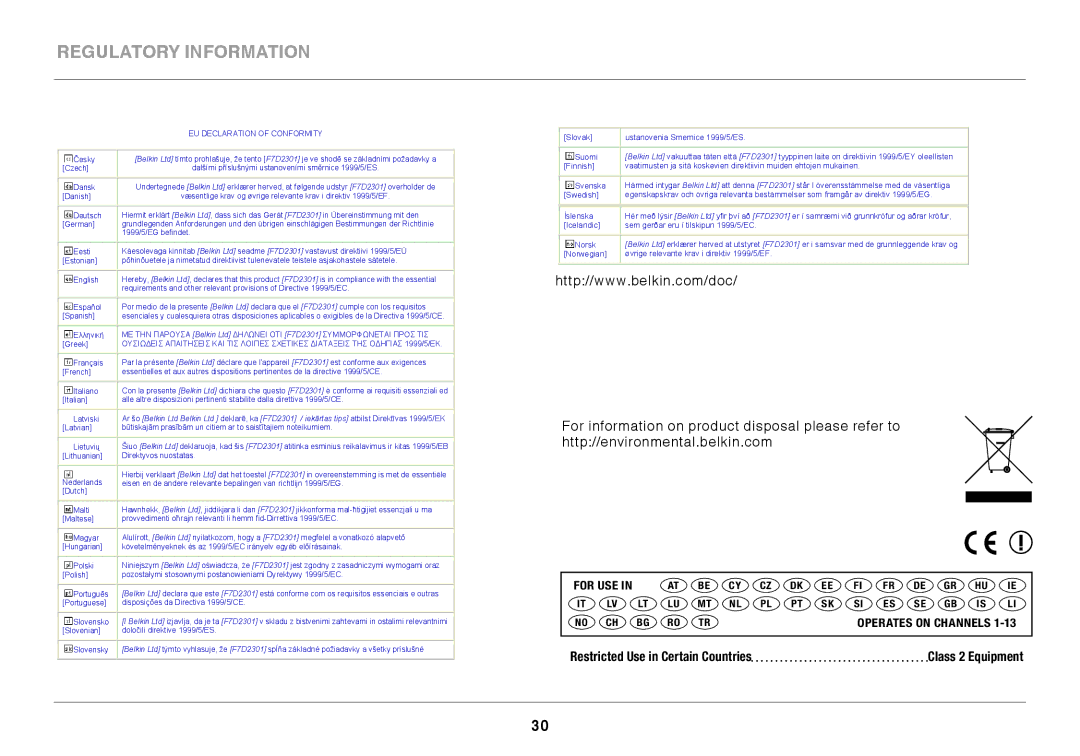 Belkin 8820ED00372_F7D2301_V1 user manual Restricted Use in Certain Countries 