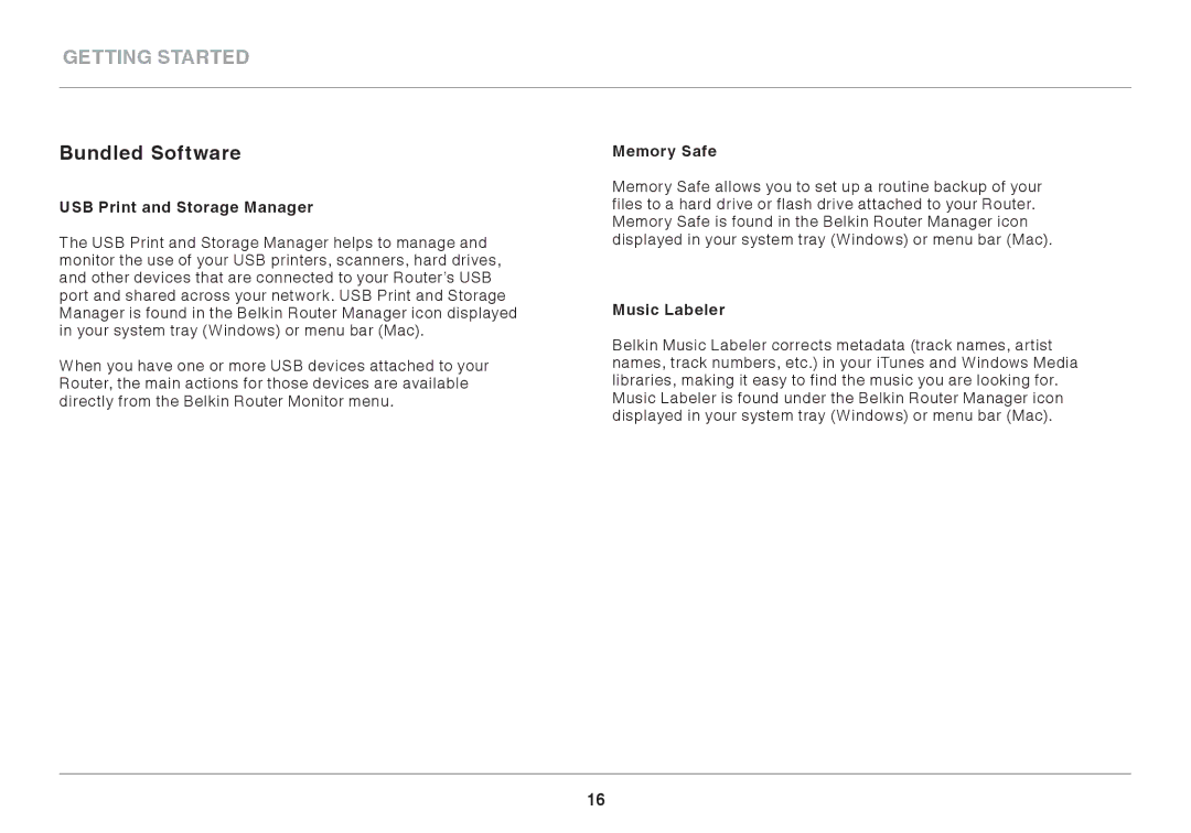 Belkin 8820ED00378_F7D4301_V1 user manual Bundled Software, USB Print and Storage Manager, Memory Safe, Music Labeler 