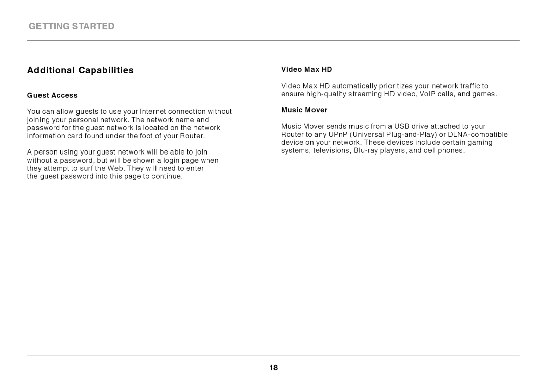 Belkin 8820ED00378_F7D4301_V1 user manual Additional Capabilities, Guest Access, Video Max HD, Music Mover 