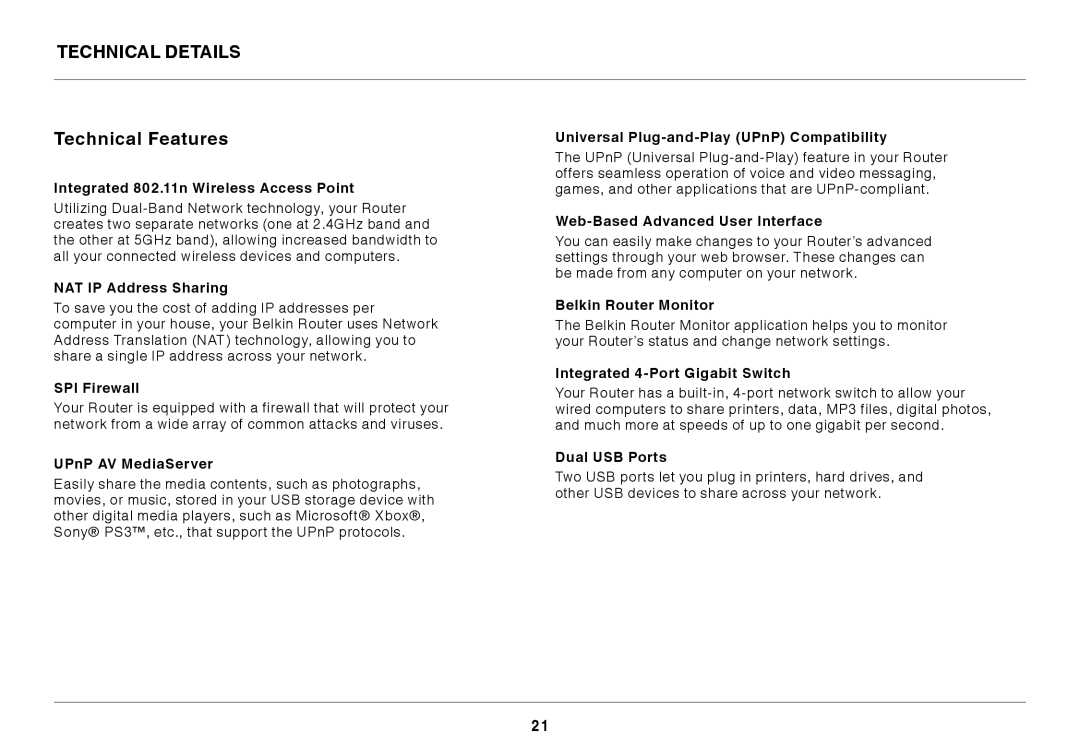 Belkin 8820ED00378_F7D4301_V1 user manual Technical Details Technical Features 
