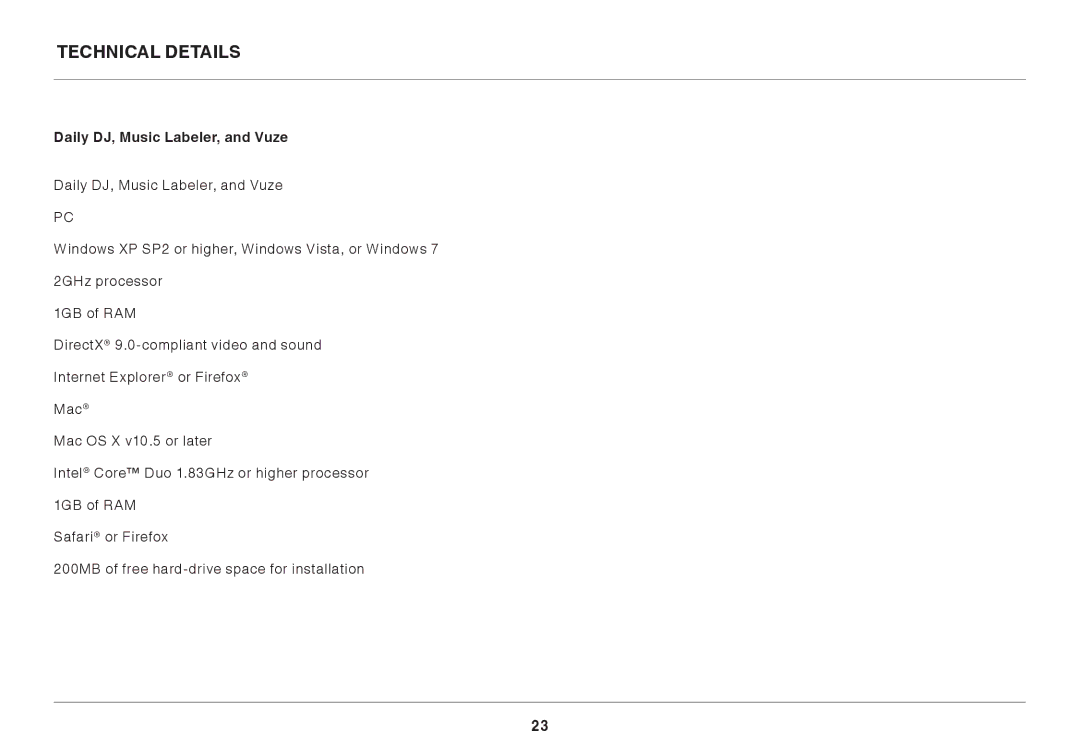 Belkin 8820ED00378_F7D4301_V1 user manual Technical Details, Daily DJ, Music Labeler, and Vuze 