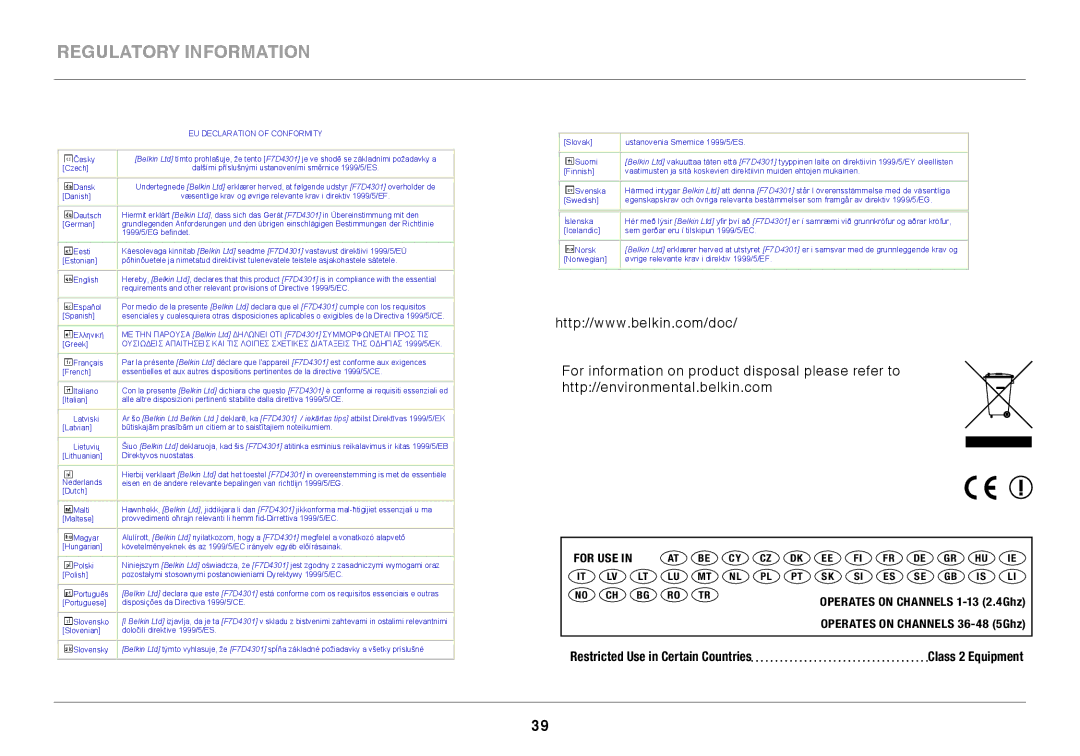 Belkin 8820ED00378_F7D4301_V1 user manual Restricted Use in Certain Countries Class 2 Equipment 