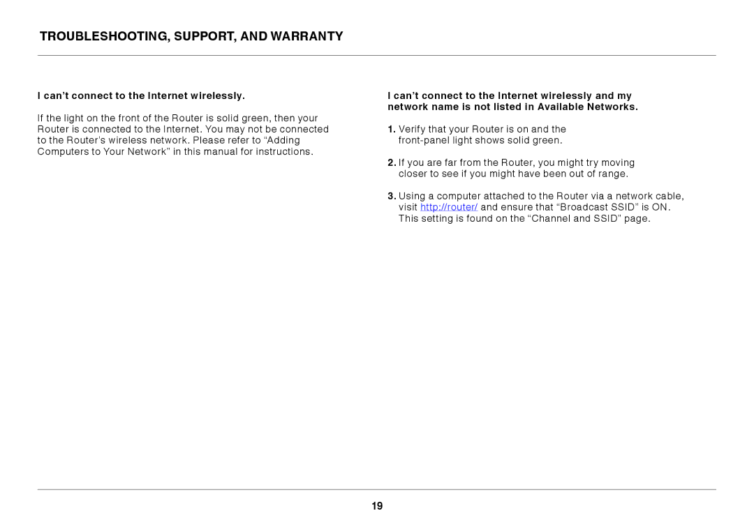 Belkin 8820ED00388_F7D1401_V1 user manual Can’t connect to the Internet wirelessly 