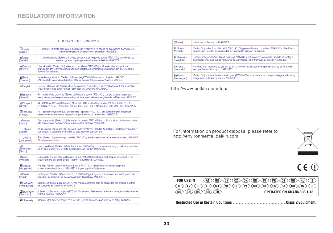 Belkin 8820ED00388_F7D1401_V1 user manual Restricted Use in Certain Countries 