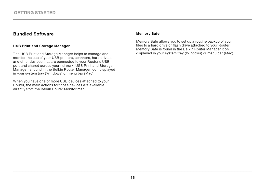 Belkin 8820ED00394_F7D3402_V1 user manual Bundled Software, USB Print and Storage Manager, Memory Safe 