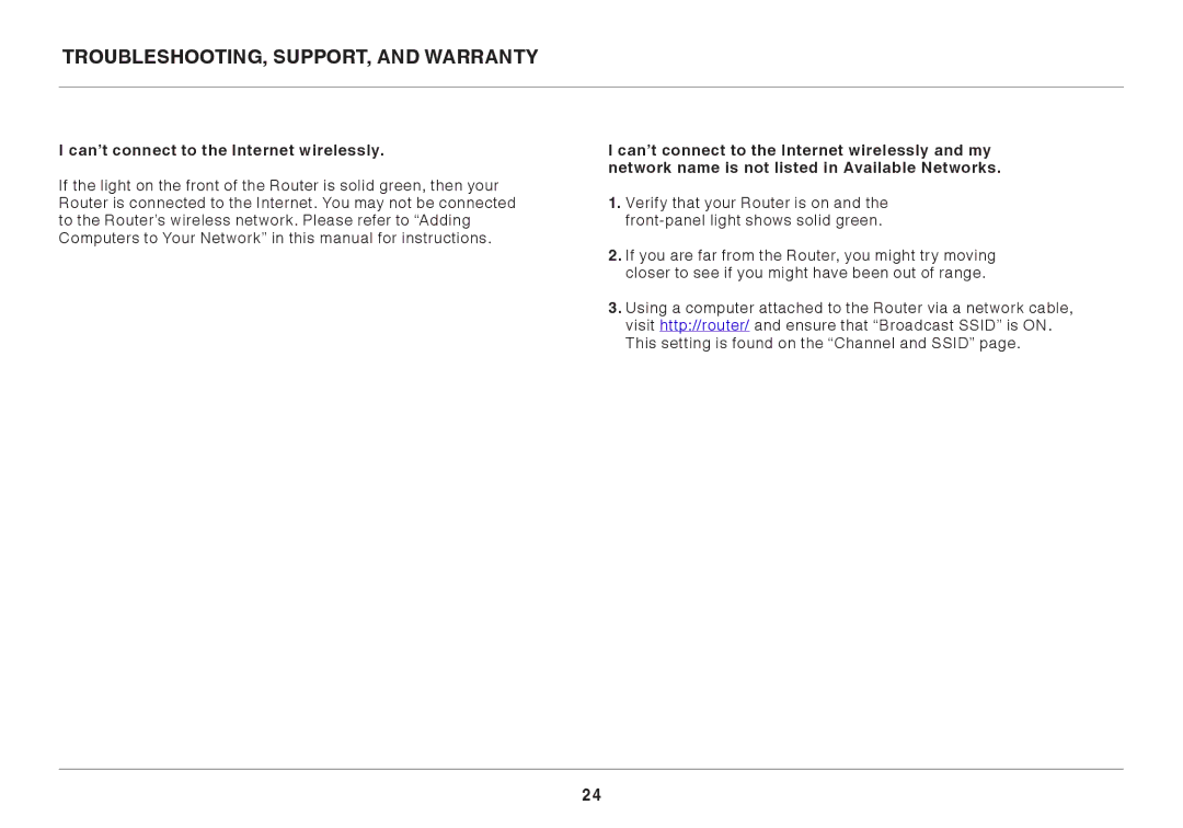 Belkin 8820ED00394_F7D3402_V1 user manual Can’t connect to the Internet wirelessly 