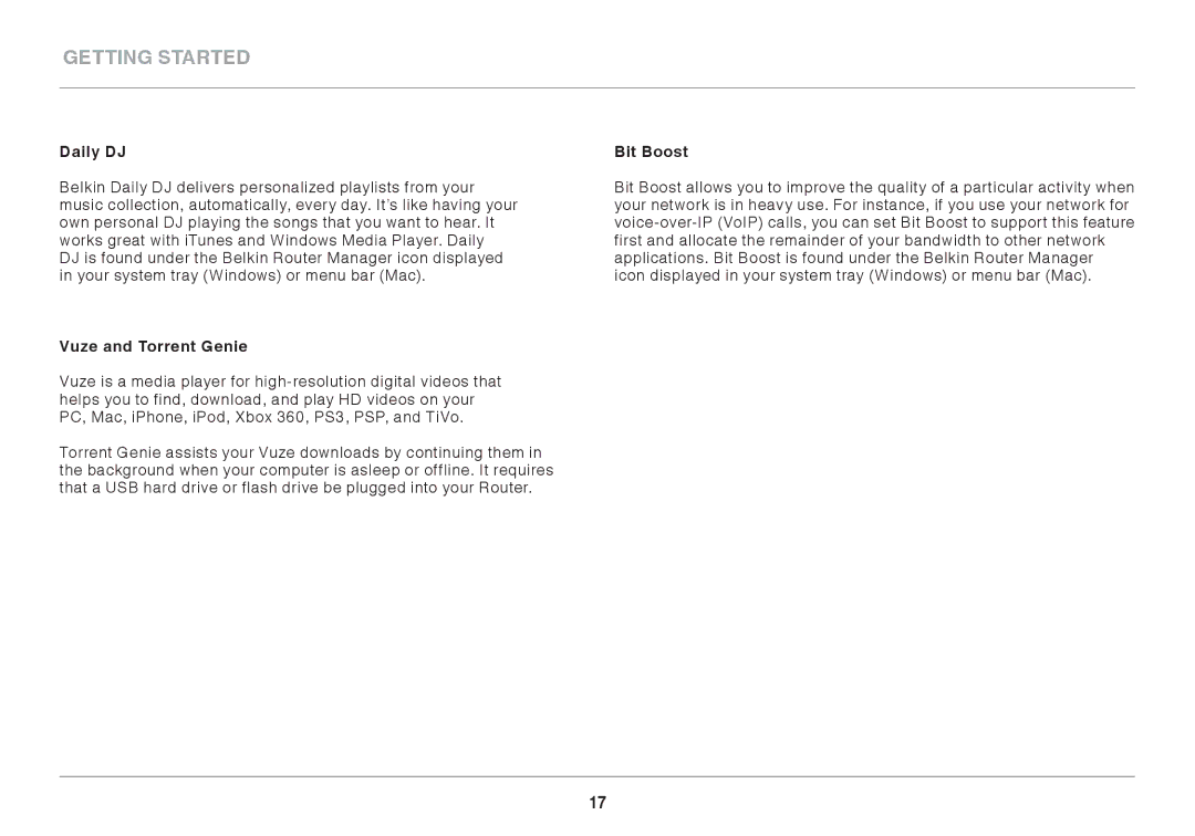 Belkin 8820ED00396_F7D4401_V1 manual Daily DJ, Vuze and Torrent Genie, Bit Boost 