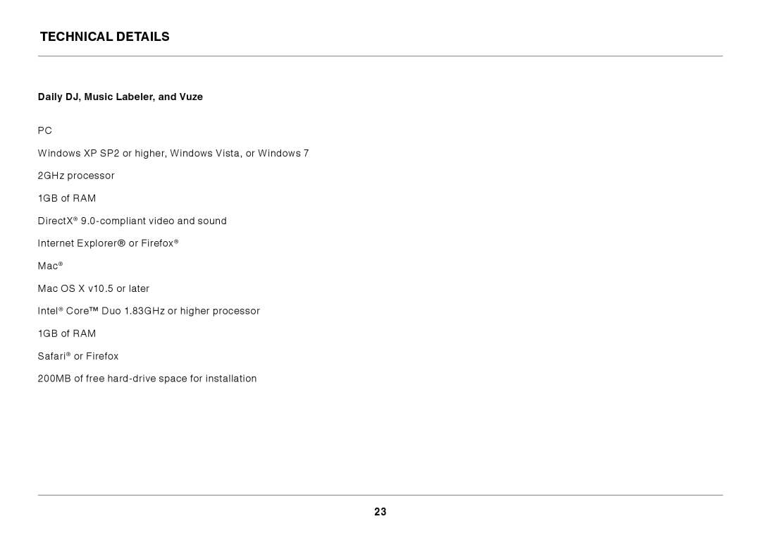 Belkin 8820ED00396_F7D4401_V1 manual Technical Details, Daily DJ, Music Labeler, and Vuze 