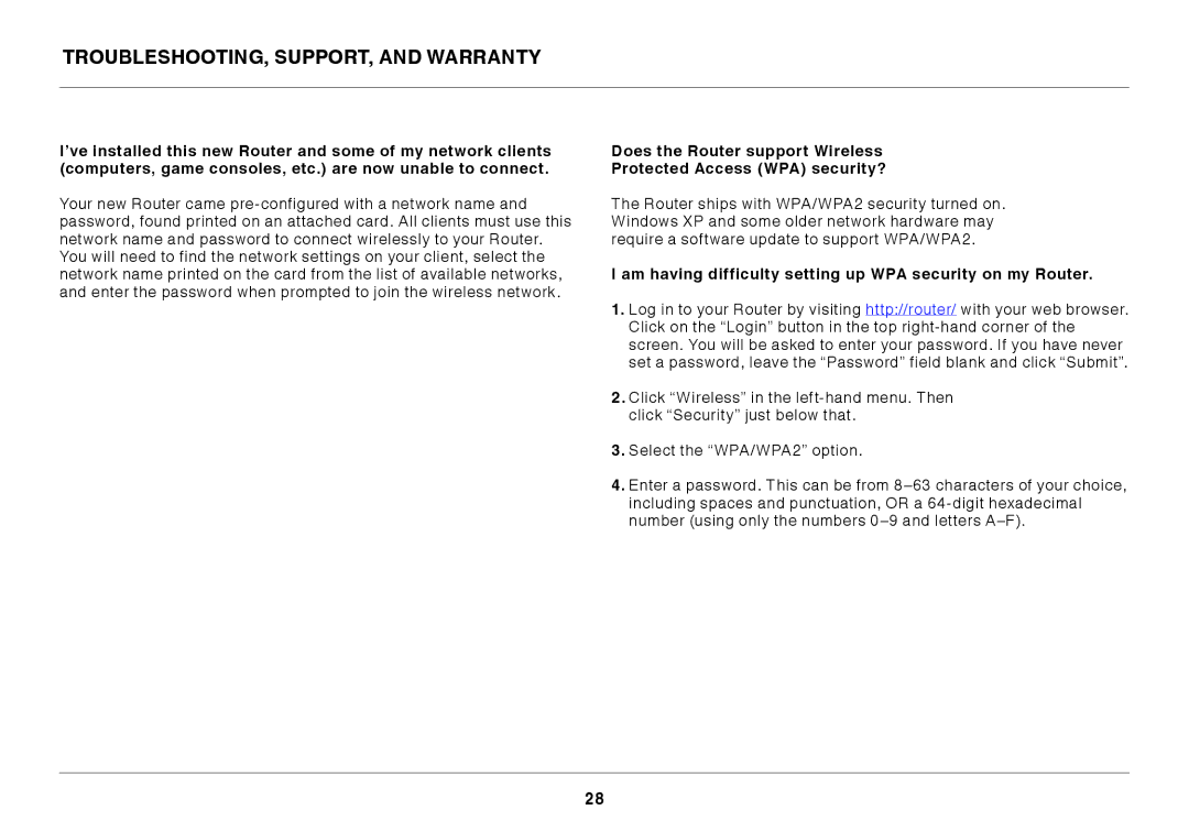 Belkin 8820ED00396_F7D4401_V1 manual Am having difficulty setting up WPA security on my Router 