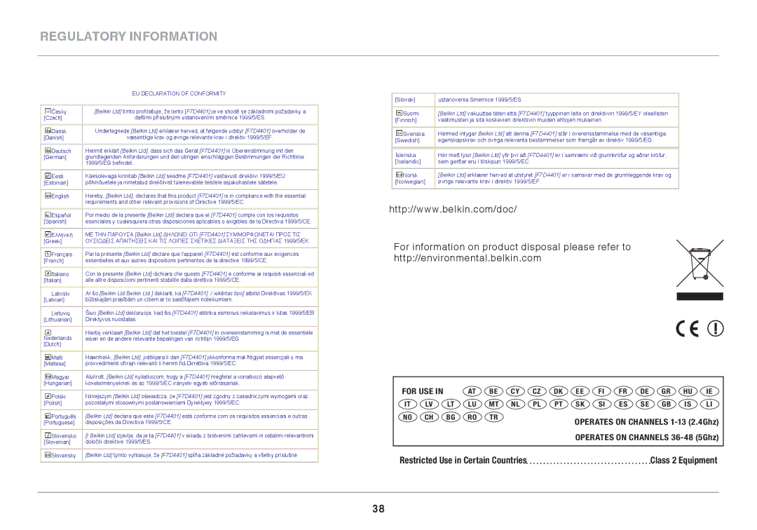 Belkin 8820ED00396_F7D4401_V1 manual Restricted Use in Certain Countries Class 2 Equipment 