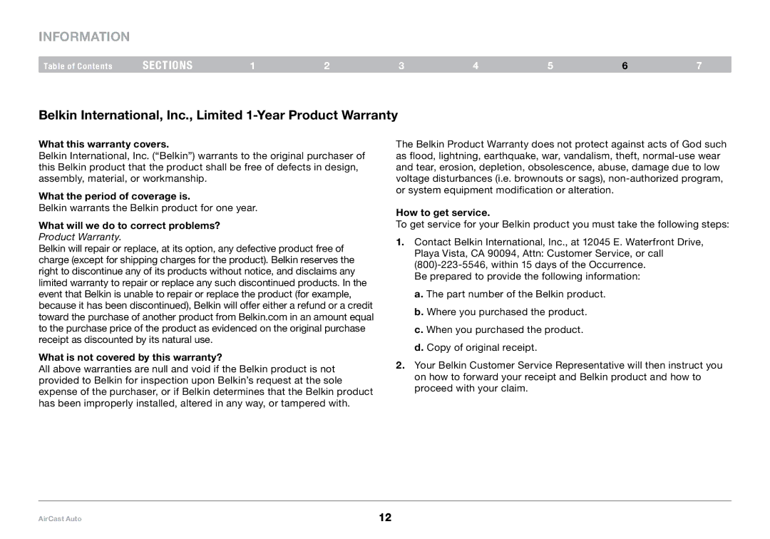 Belkin 8820tt00529 F4U037 user manual Information, Belkin International, Inc., Limited 1-Year Product Warranty 