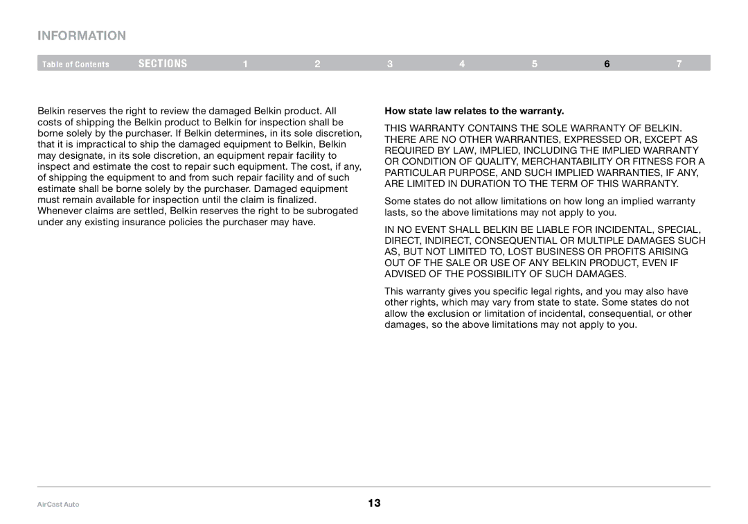 Belkin 8820tt00529 F4U037 user manual How state law relates to the warranty 