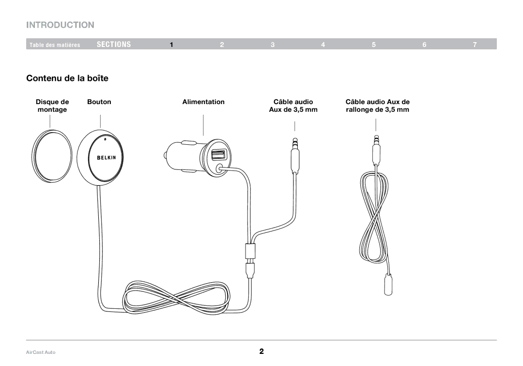 Belkin 8820tt00529 F4U037 user manual Contenu de la boîte, Disque de Bouton Alimentation, Câble audio Aux de 