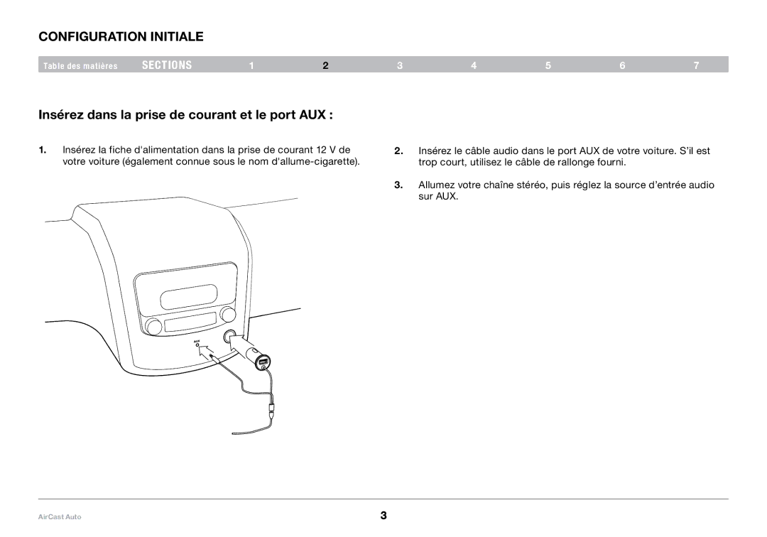 Belkin 8820tt00529 F4U037 user manual Configuration initiale, Insérez dans la prise de courant et le port AUX 