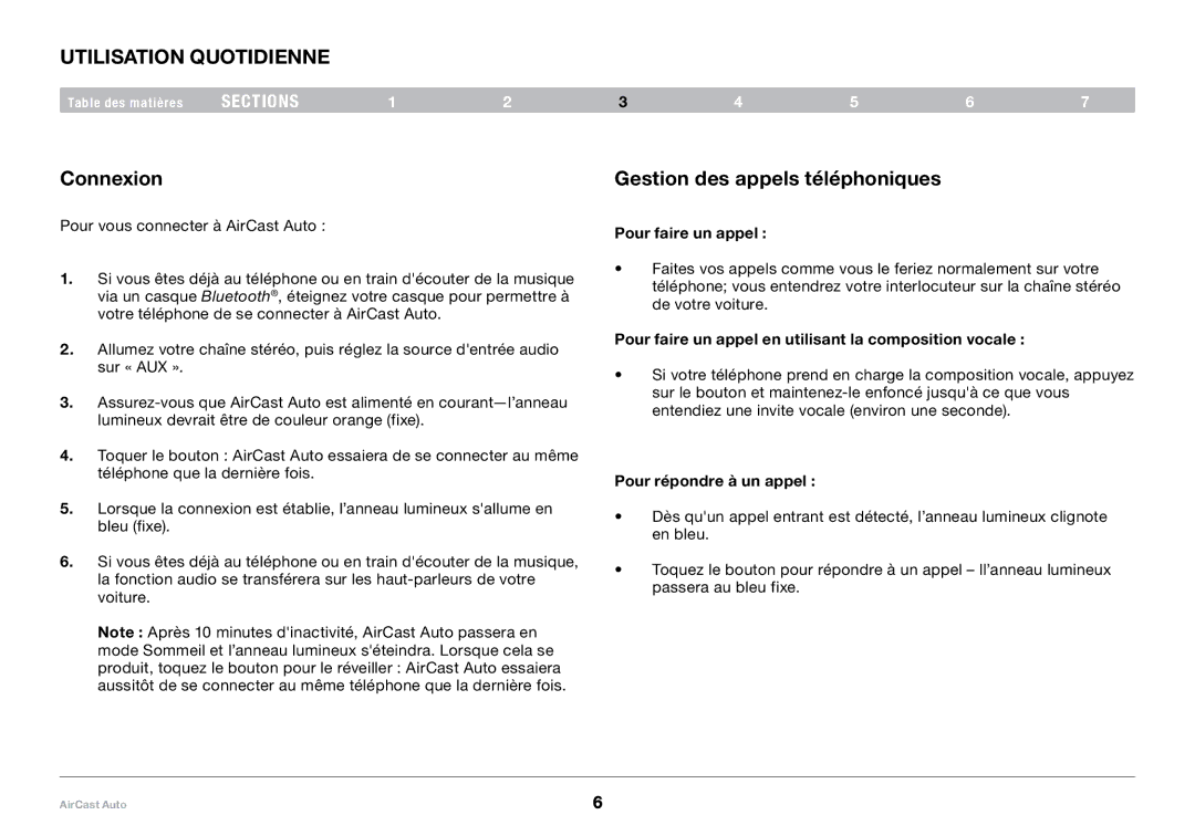 Belkin 8820tt00529 F4U037 user manual Utilisation quotidienne, Connexion, Gestion des appels téléphoniques 