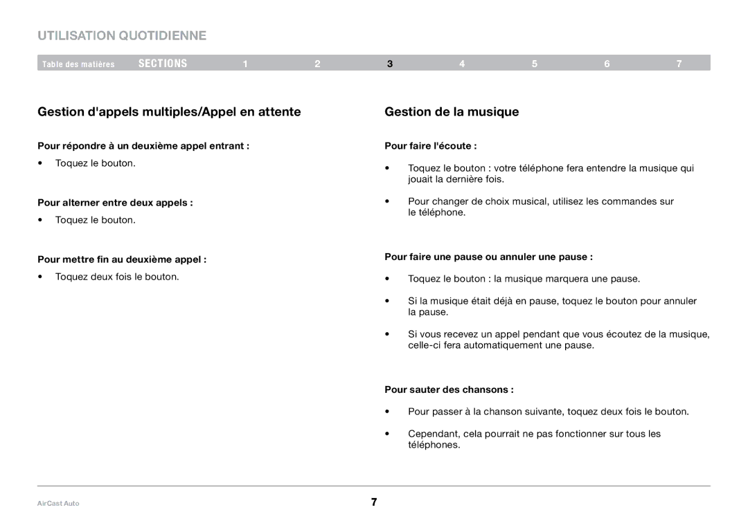 Belkin 8820tt00529 F4U037 Utilisation quotidienne, Gestion dappels multiples/Appel en attente, Gestion de la musique 