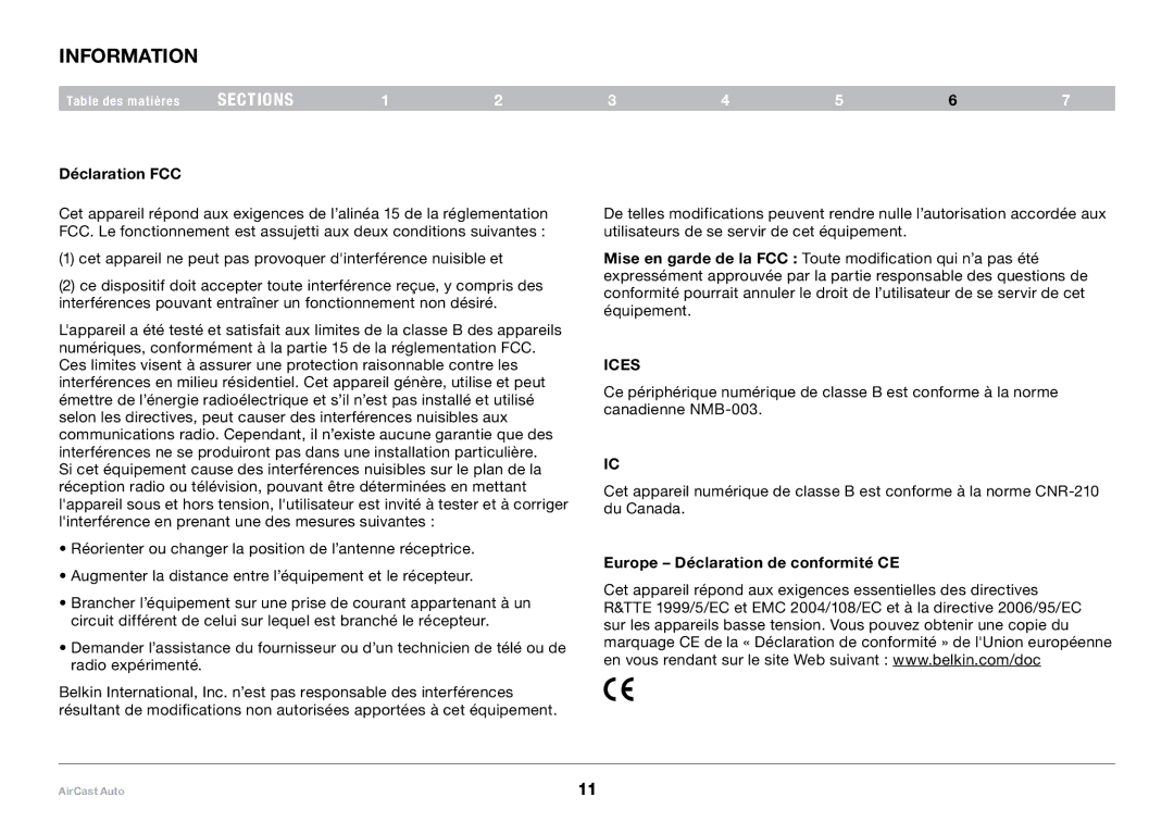 Belkin 8820tt00529 F4U037 user manual Déclaration FCC, Europe Déclaration de conformité CE 