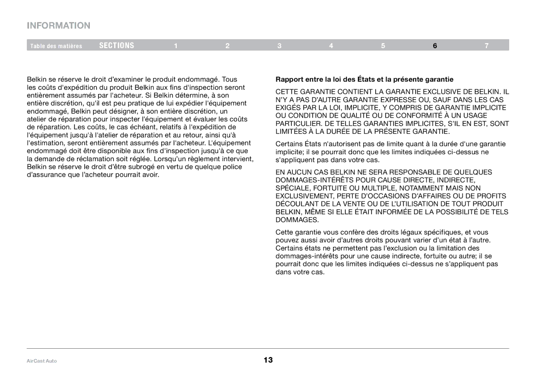 Belkin 8820tt00529 F4U037 user manual Rapport entre la loi des États et la présente garantie 