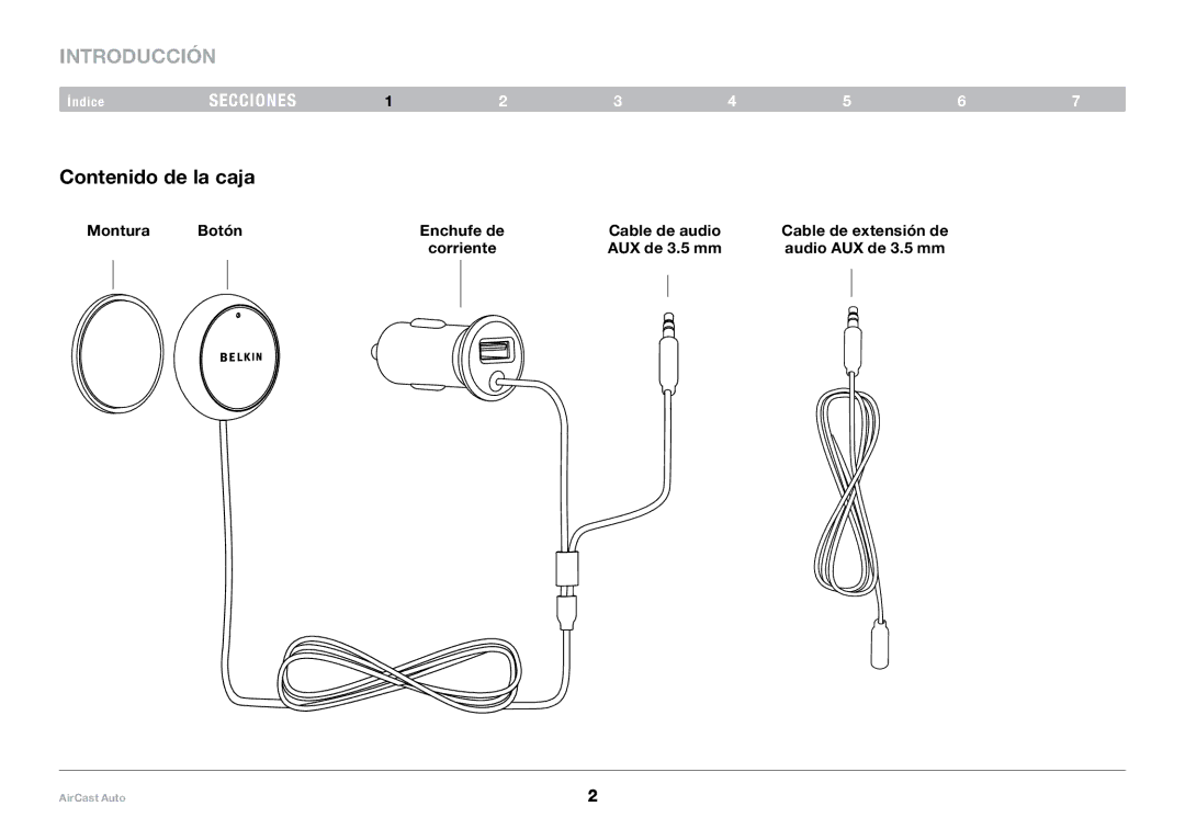 Belkin 8820tt00529 F4U037 user manual Introducción, Contenido de la caja, Montura Botón Enchufe de, Corriente AUX de 3.5 mm 