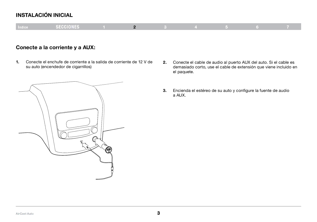 Belkin 8820tt00529 F4U037 user manual Instalación inicial, Conecte a la corriente y a AUX 