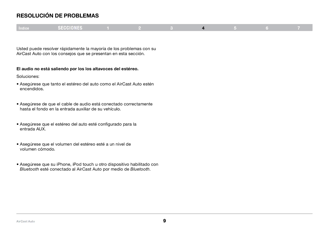 Belkin 8820tt00529 F4U037 user manual Resolución de problemas, El audio no está saliendo por los los altavoces del estéreo 