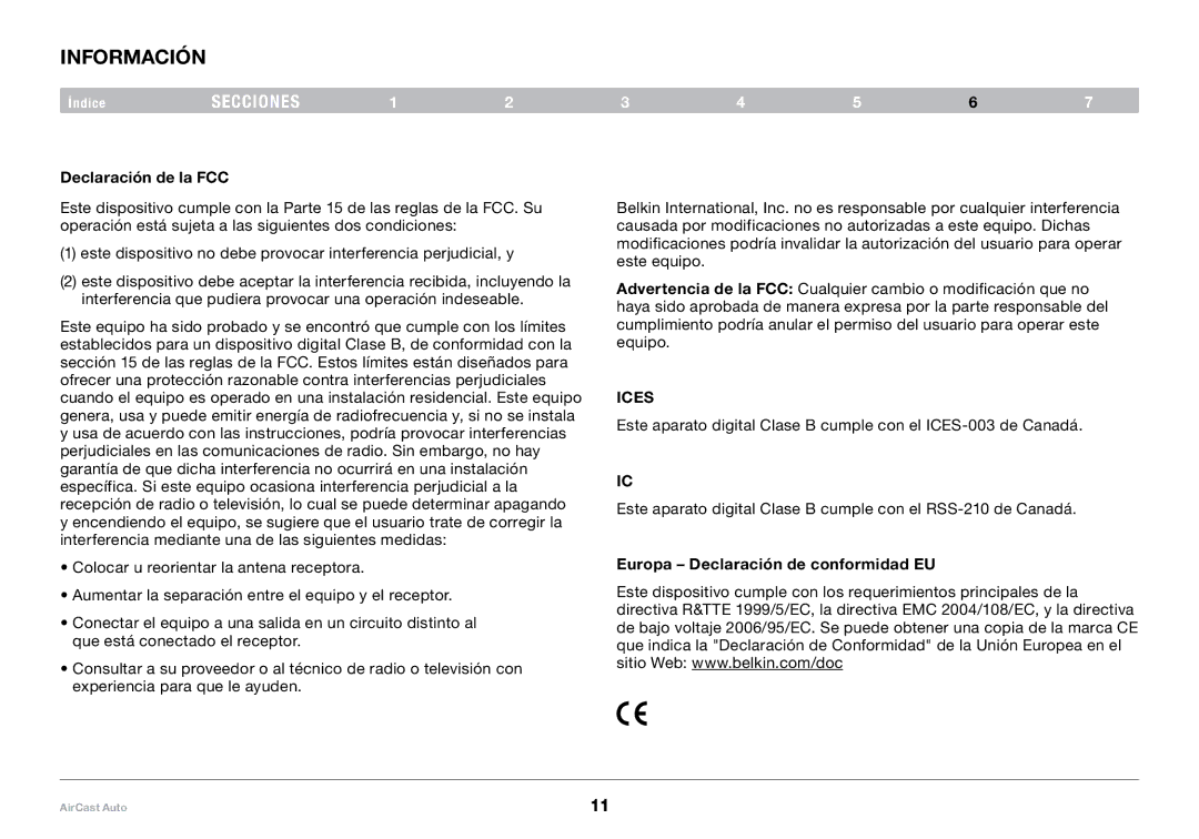 Belkin 8820tt00529 F4U037 user manual Información, Declaración de la FCC, Europa Declaración de conformidad EU 