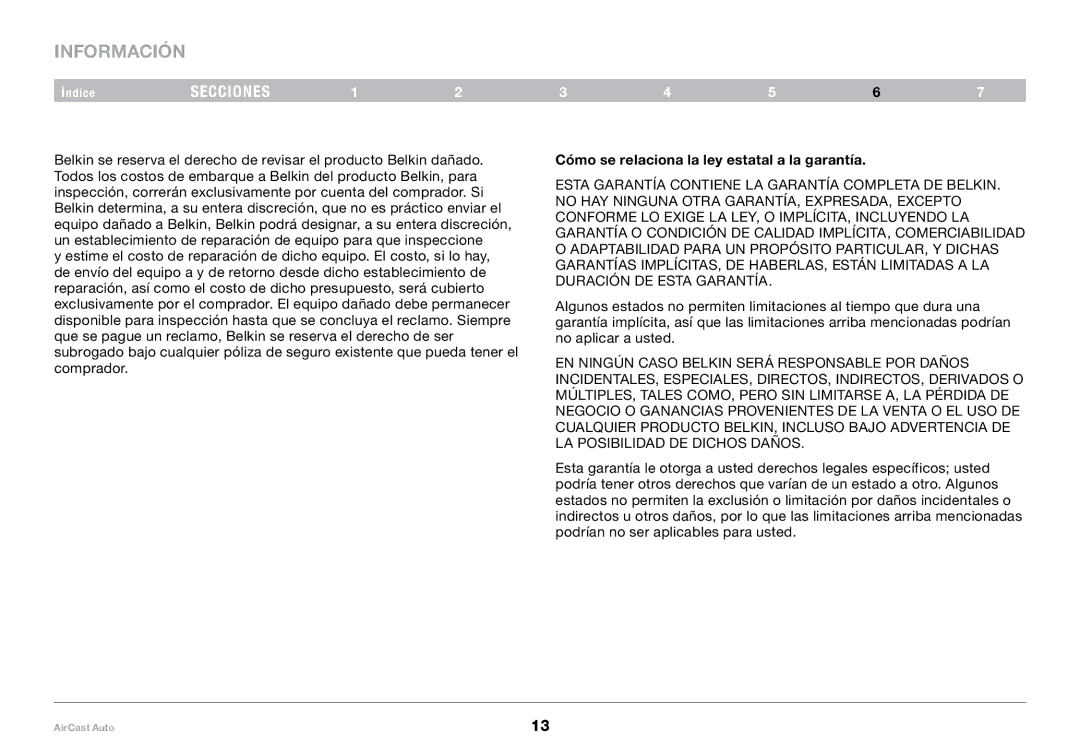 Belkin 8820tt00529 F4U037 user manual Cómo se relaciona la ley estatal a la garantía 