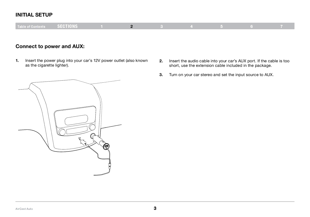 Belkin 8820tt00529 F4U037 user manual Initial Setup, Connect to power and AUX 