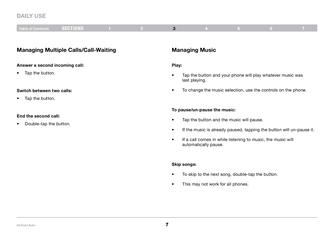 Belkin 8820tt00529 F4U037 user manual Daily Use, Managing Multiple Calls/Call-Waiting, Managing Music 