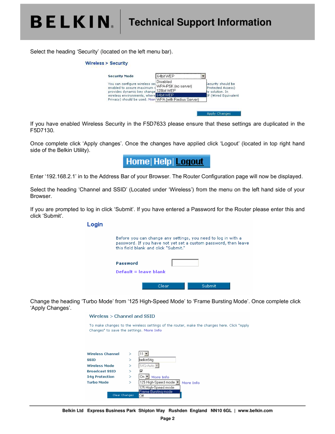 Belkin A F5D7130, A F5D7633 manual Technical Support Information 