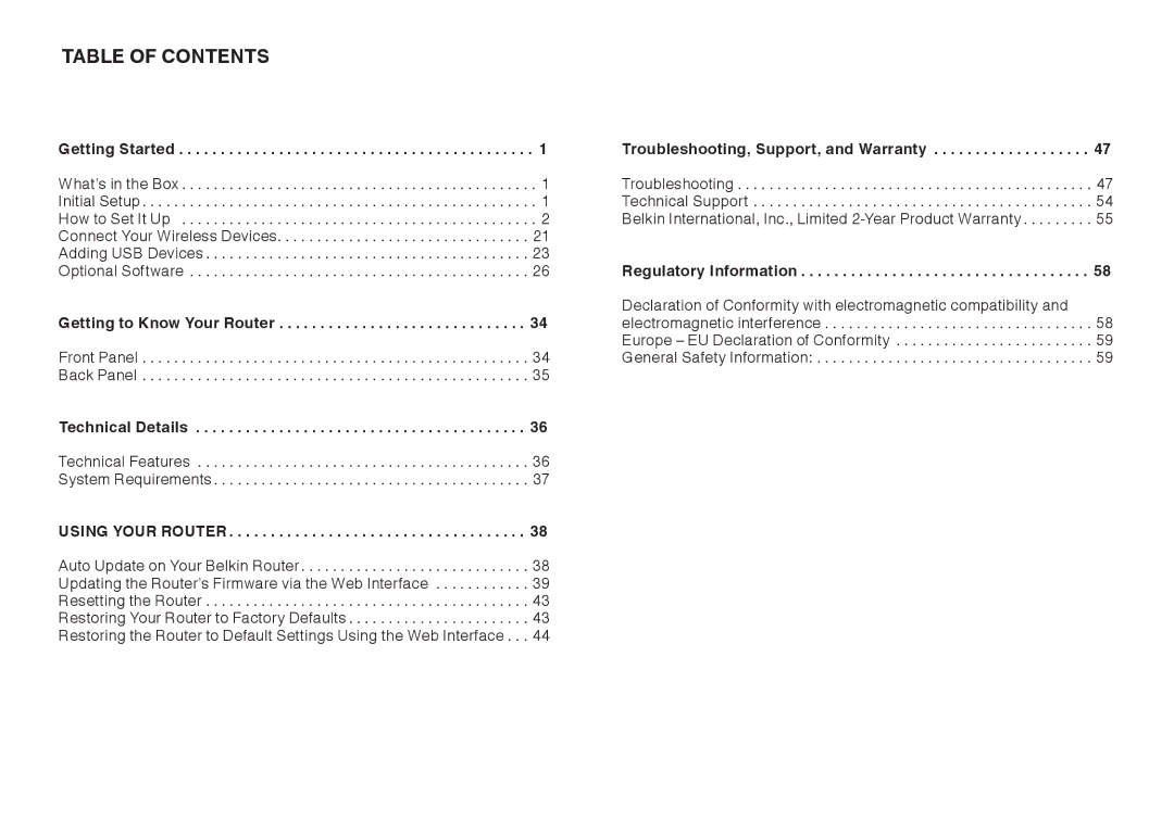 Belkin AC1800 user manual Table Of Contents 