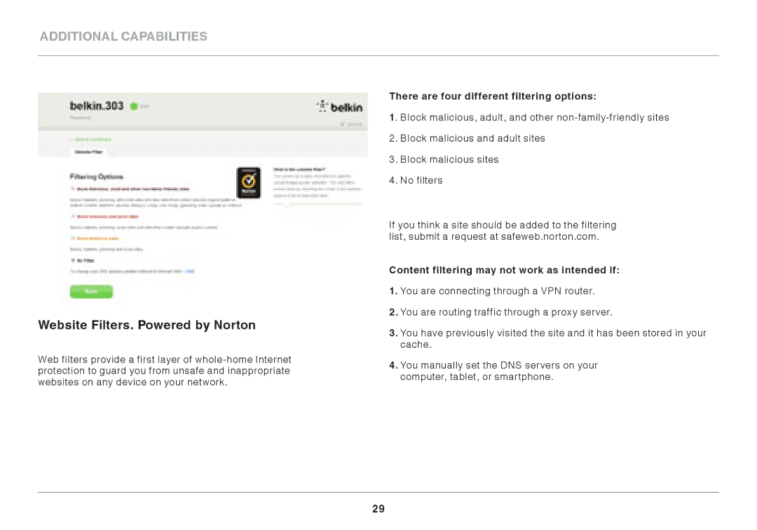 Belkin AC1800 user manual Website Filters.. Powered by Norton, There are four different filtering options 