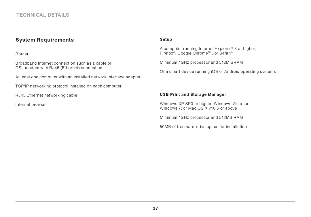 Belkin AC1800 user manual System Requirements, Setup, USB Print and Storage Manager 