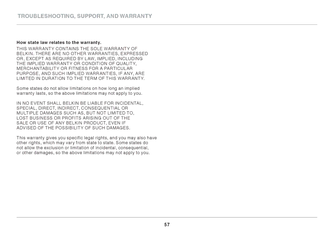 Belkin AC1800 user manual How state law relates to the warranty 