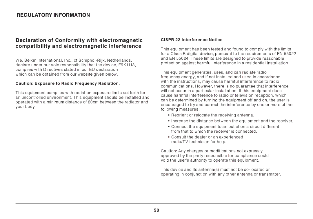 Belkin AC1800 user manual Cispr 22 Interference Notice 