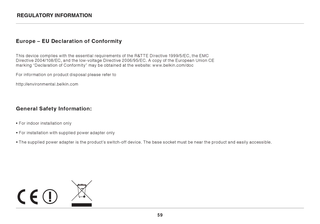 Belkin AC1800 user manual Regulatory Information Europe EU Declaration of Conformity, General Safety Information 