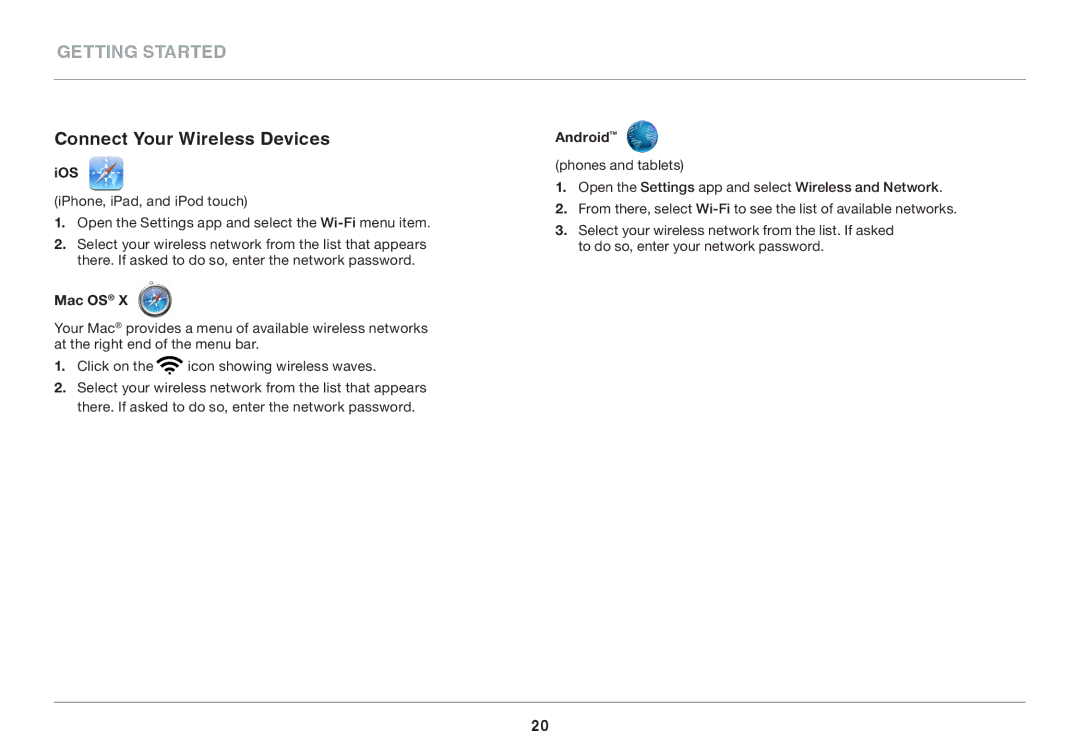 Belkin AC900 DB user manual Connect Your Wireless Devices, Ios, Mac OS, Android 