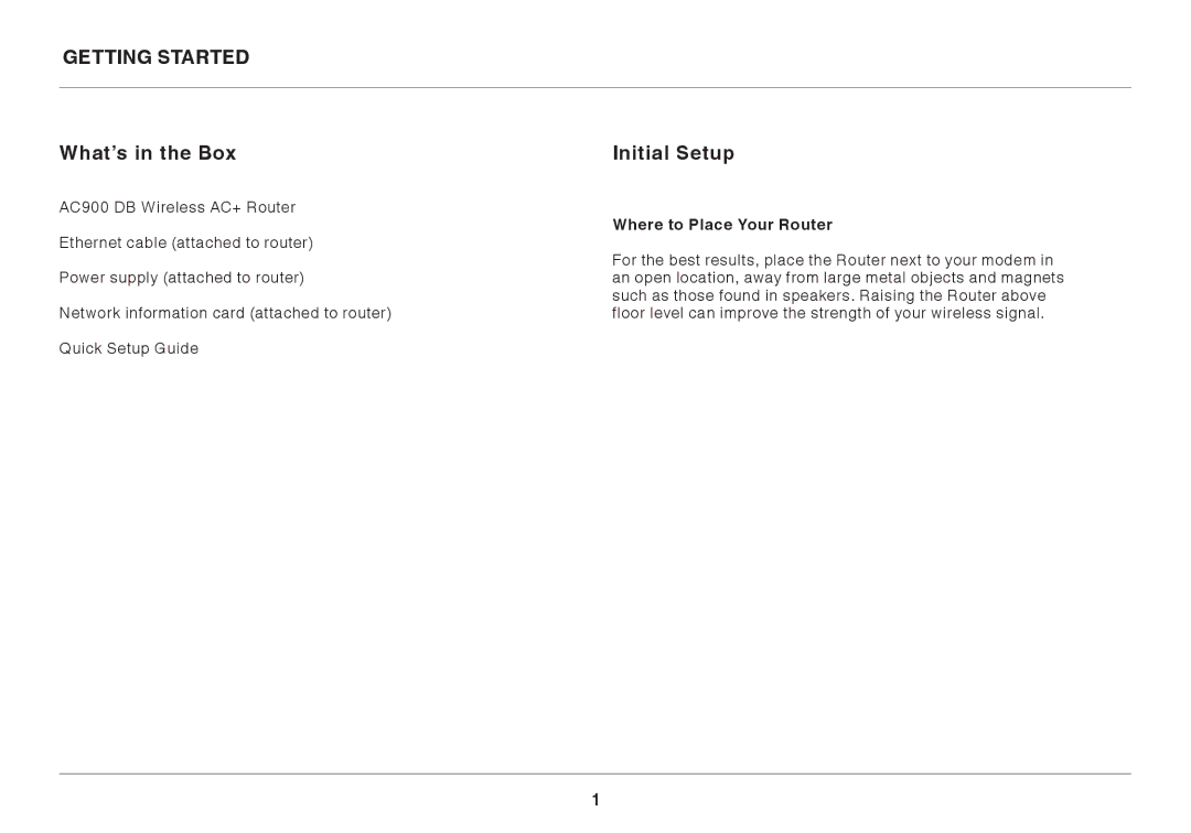 Belkin AC900 DB user manual Getting Started, What’s in the Box, Initial Setup, Where to Place Your Router 