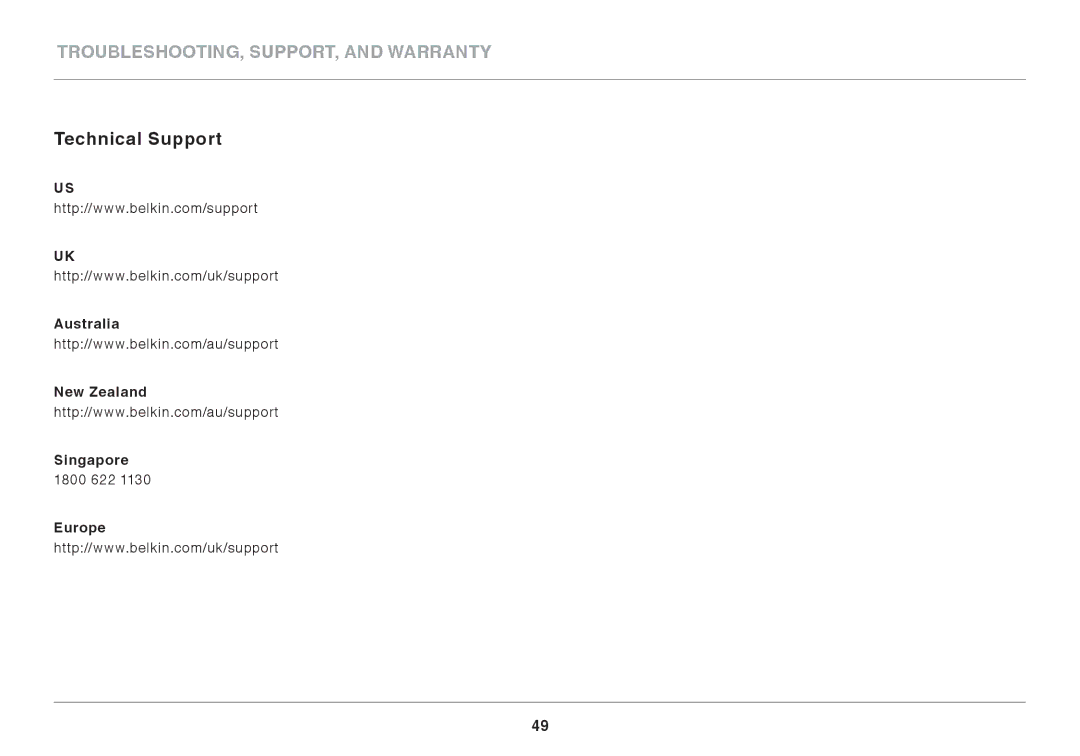 Belkin AC900 DB user manual Technical Support, Australia New Zealand Singapore, Europe 