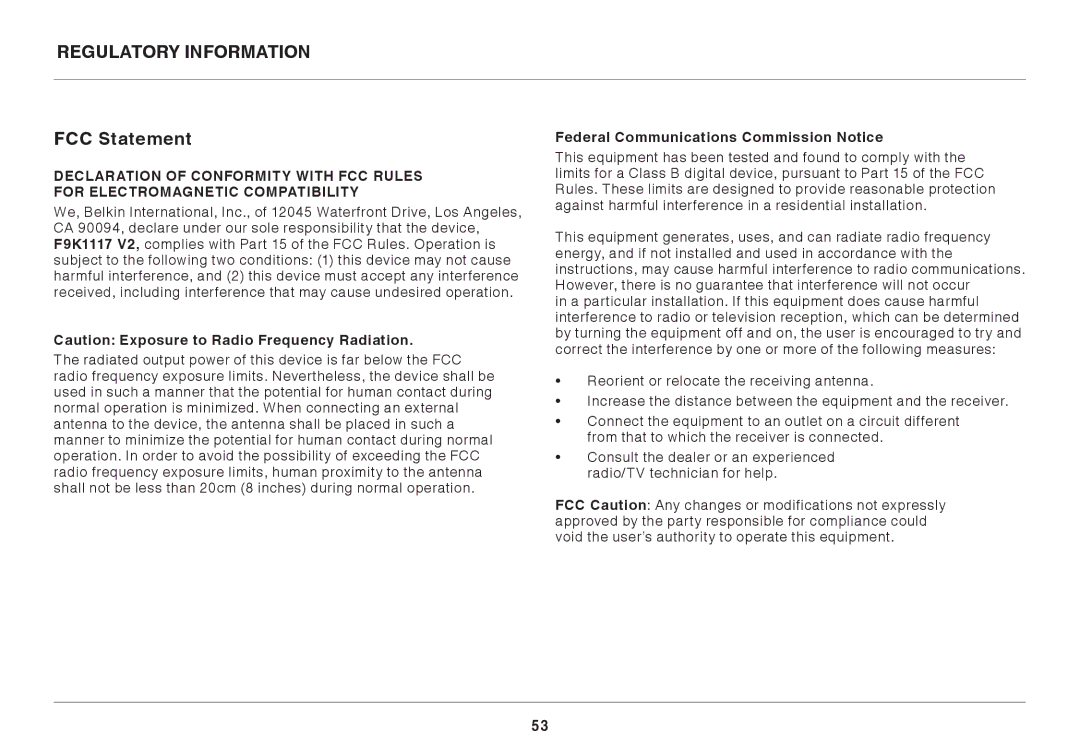 Belkin AC900 DB user manual Regulatory Information, FCC Statement, Federal Communications Commission Notice 