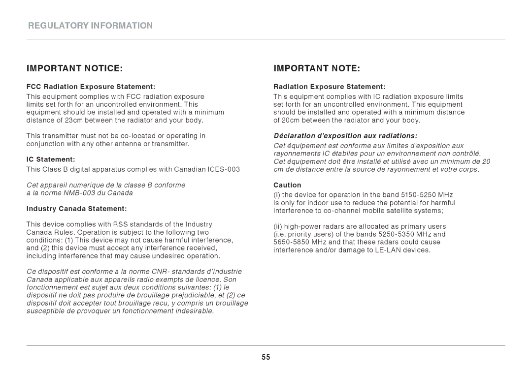 Belkin AC900 DB user manual Important Notice, FCC Radiation Exposure Statement, IC Statement 