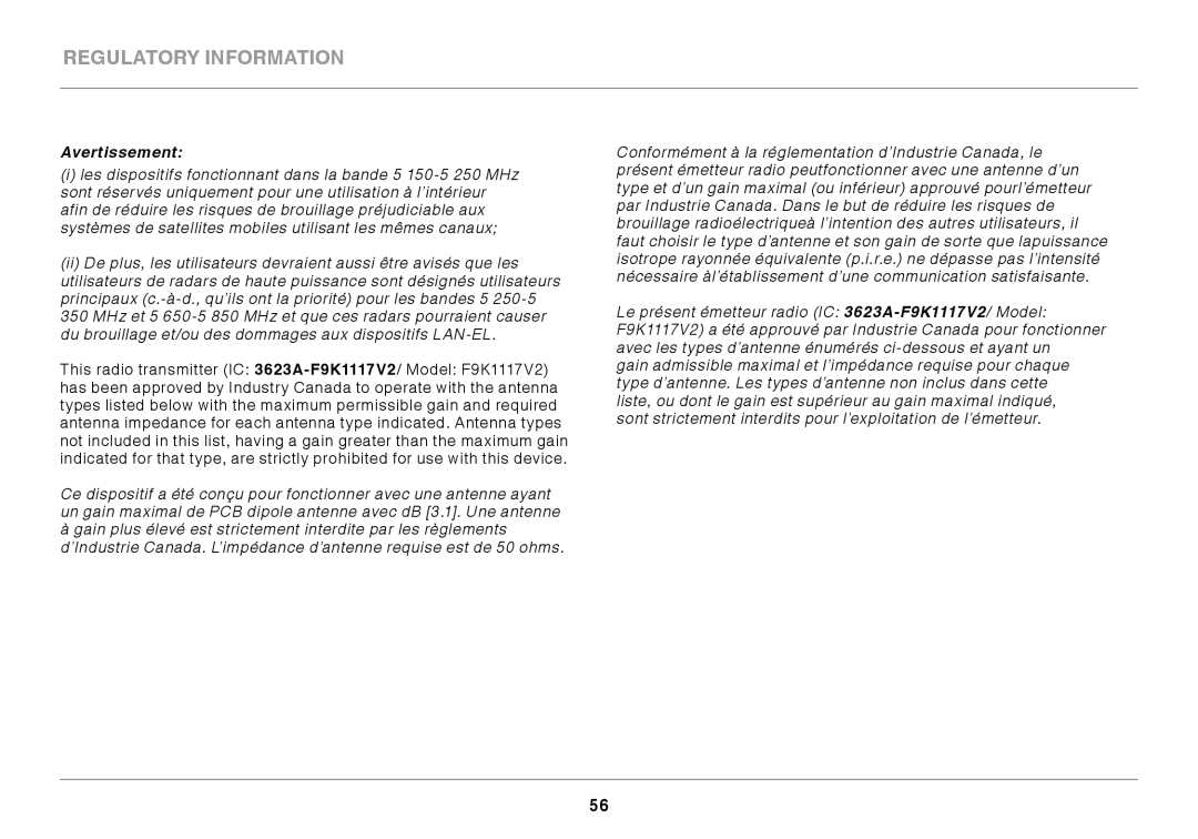 Belkin AC900 DB user manual Avertissement 