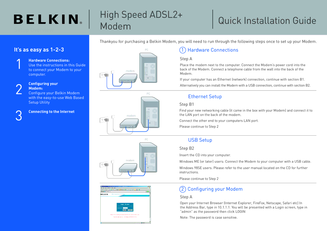 Belkin ADSL2+ user manual Hardware Connections, Ethernet Setup, USB Setup, Conﬁguring your Modem 