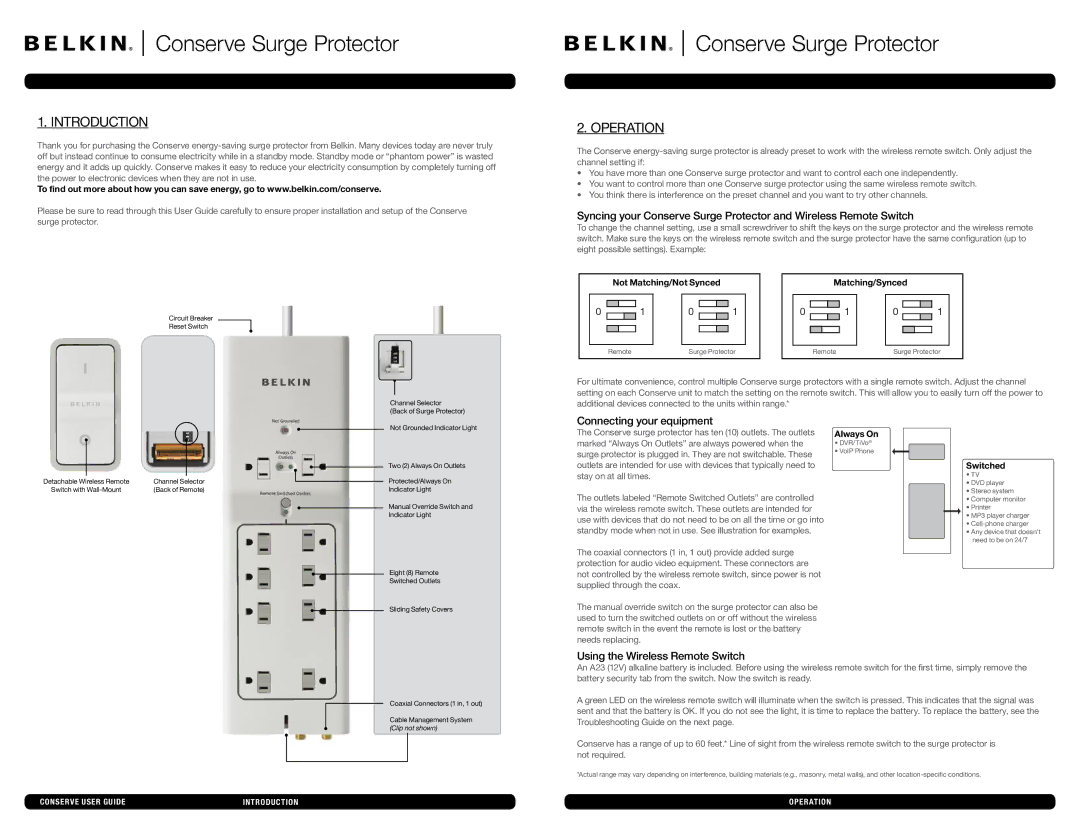 Belkin AG110030-04 manual Introduction, Operation, Connecting your equipment, Using the Wireless Remote Switch 