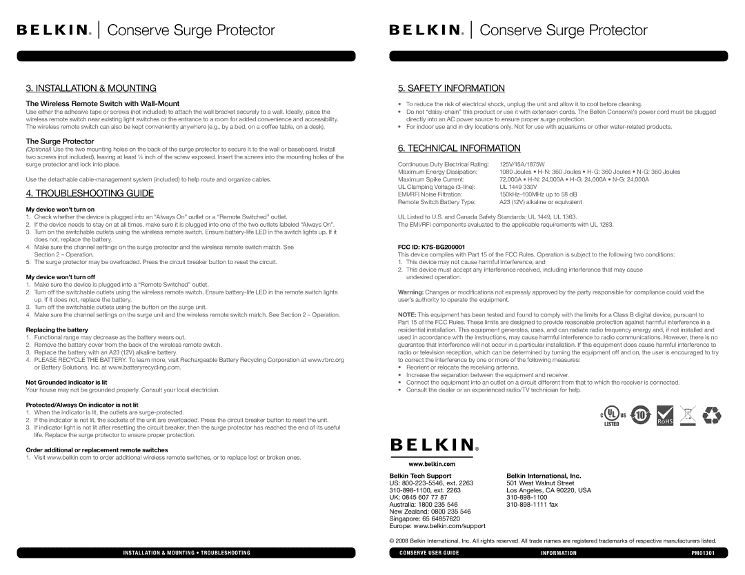 Belkin AG110030-04 manual Installation & Mounting, Troubleshooting Guide, Safety Information, Technical Information 