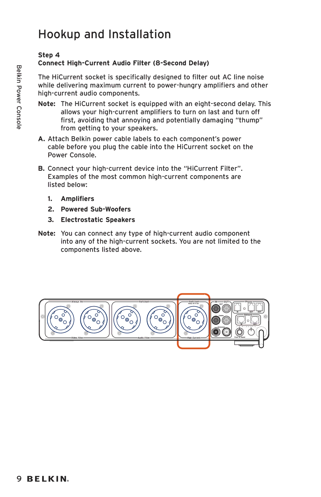 Belkin AP20500EA3M-BLK user manual Step Connect High-Current Audio Filter 8-Second Delay 