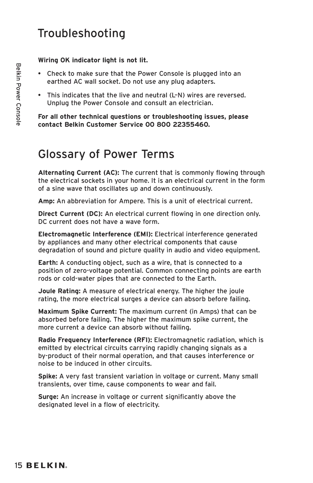 Belkin AP20500EA3M-BLK user manual Glossary of Power Terms, Wiring OK indicator light is not lit 