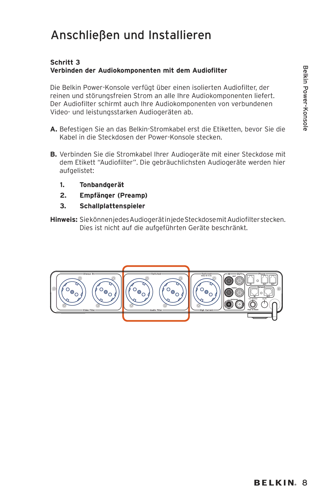 Belkin AP20500EA3M-BLK user manual Schritt Verbinden der Audiokomponenten mit dem Audiofilter 