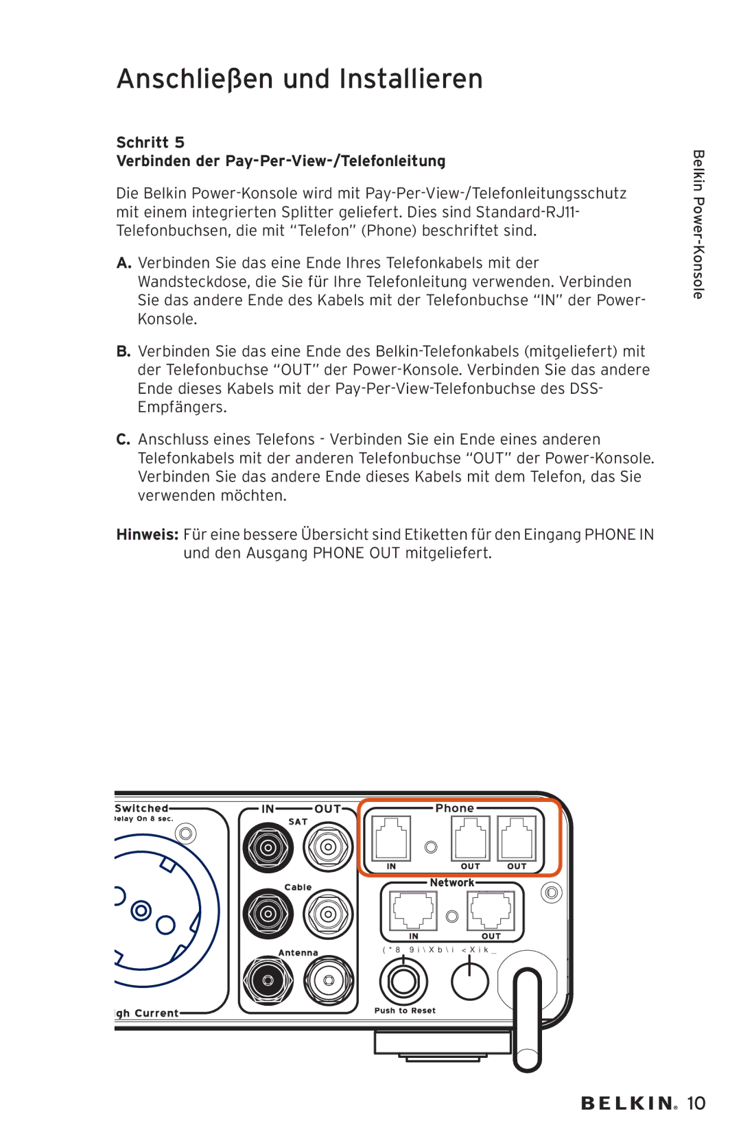 Belkin AP20500EA3M-BLK user manual Schritt Verbinden der Pay-Per-View-/Telefonleitung 