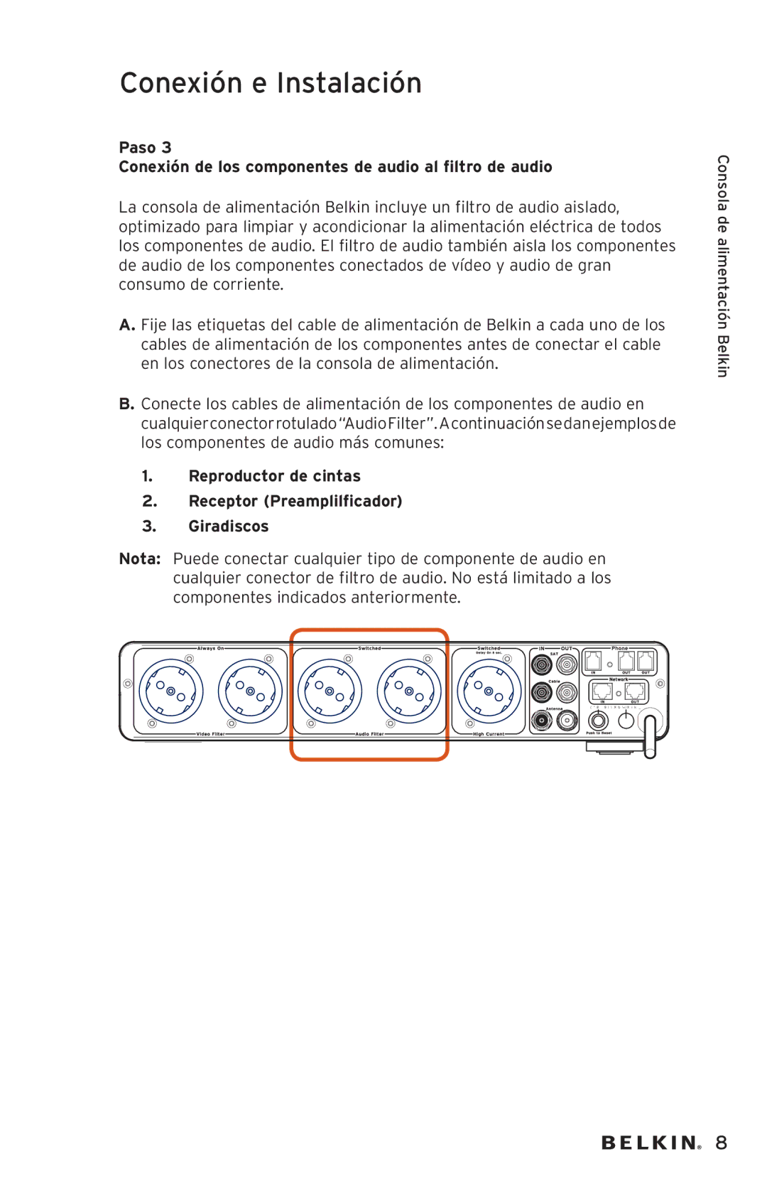 Belkin AP20500EA3M-BLK user manual Paso Conexión de los componentes de audio al filtro de audio 